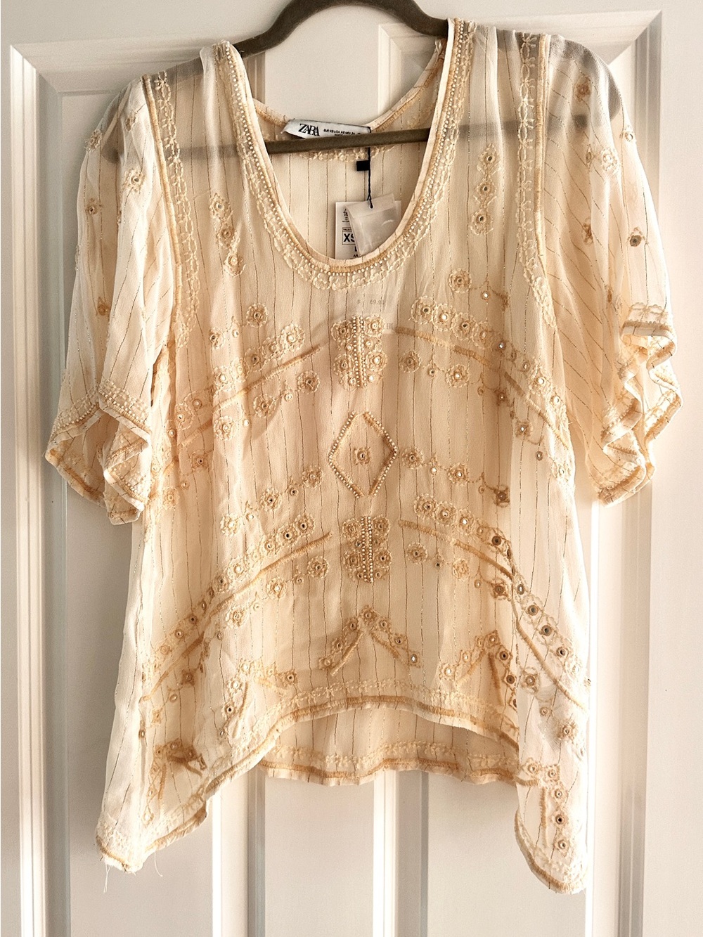 Zara Cream Beaded Short-Sleeve Embellished Blouse